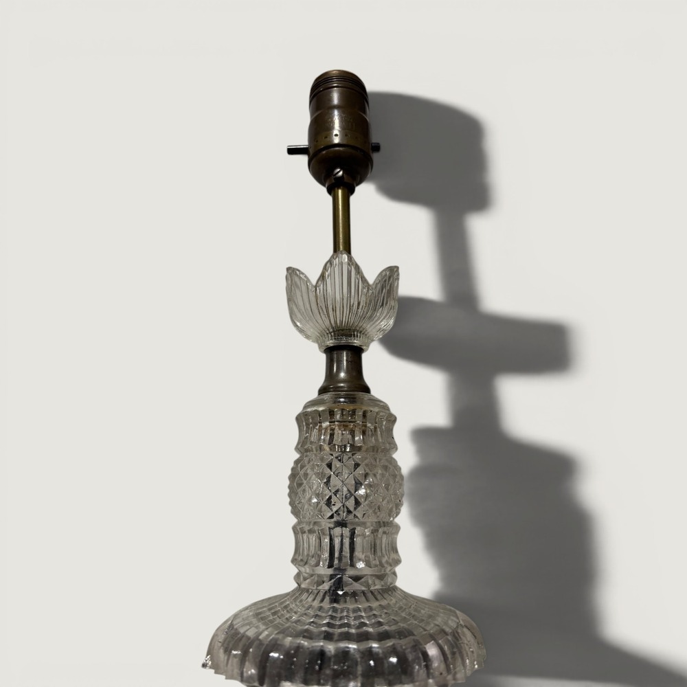 Vintage Cut Glass Table Lamp Base Hollywood Regency Diamond Pattern Brass 10.5"